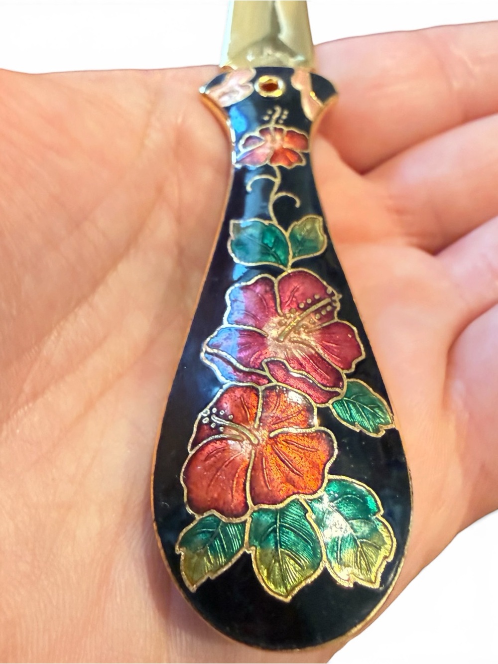 Vintage Cloisonné Letter Opener Hibiscus Floral Enamel Desk Accessory w/Box - Picture 5 of 5